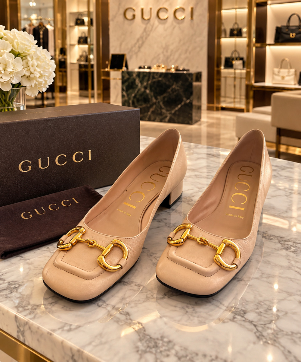 Gucci Baby Horsebit Leather Pumps Square Toe Low Block Heel Pink Beige IT 37